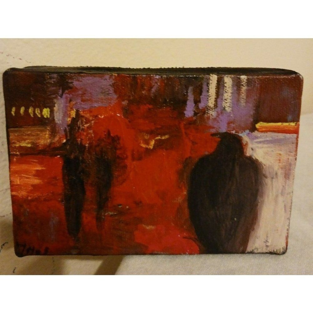 4x6 miniature original painting raven figure city streets unknown artist